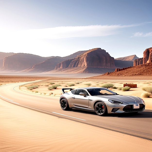Srebrny samochód sportowy jadący po drodze pośrodku pustyni z górami w tle ai rodzaje