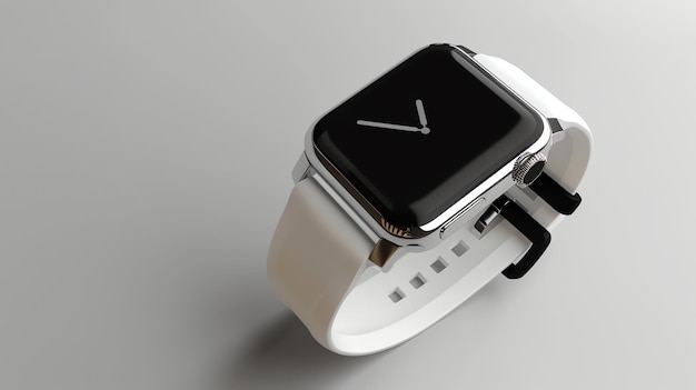 Srebrny smartwatch z białym paskiem na białym tle