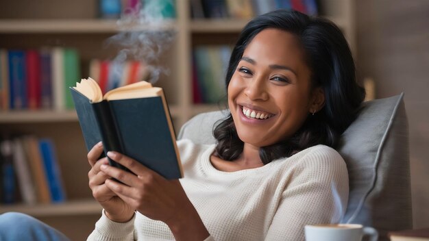 Średni strzał uśmiechnięta kobieta czytająca