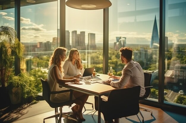 Średni ujęcie biznesmenów cieszących się przerwą na kawę przy oknie biura