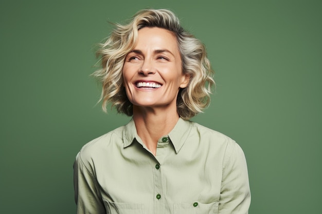 Średni zdjęcie portretowe zadowolonej kobiety w wieku 50 lat na jasnozielonym tle