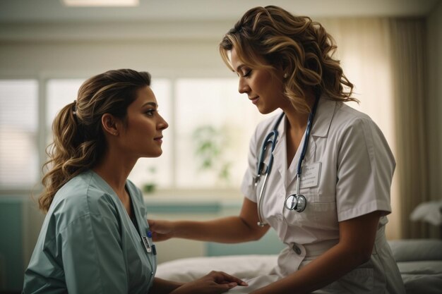 Średnia pielęgniarka rozmawia z pacjentem.