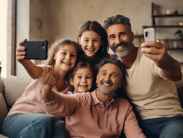 Średnie ujęcie szczęśliwej rodziny robiącej selfie.