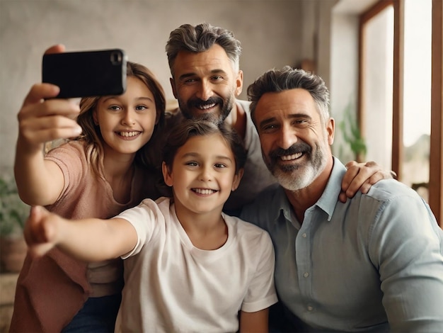 Średnie ujęcie szczęśliwej rodziny robiącej selfie.