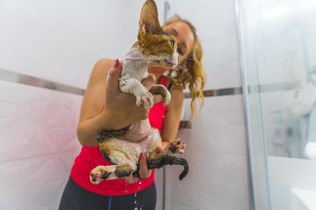 Średnie ujęcie z mokrym kotem pod prysznicem na pierwszym planie trzymanym przez kobietę
