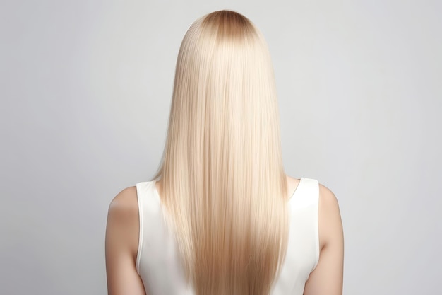 Średniej długości blond proste włosy widok z tyłu na białym tle Generative AI
