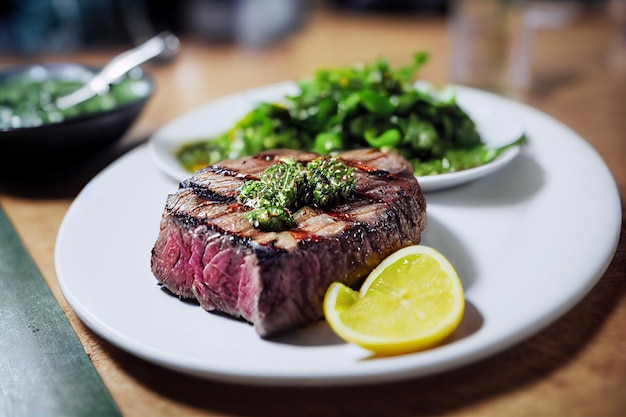 Średnio wysmażony stek z grilla z sosem chimichurri verde z sosem serowym w całym steku Koncepcja grillowania