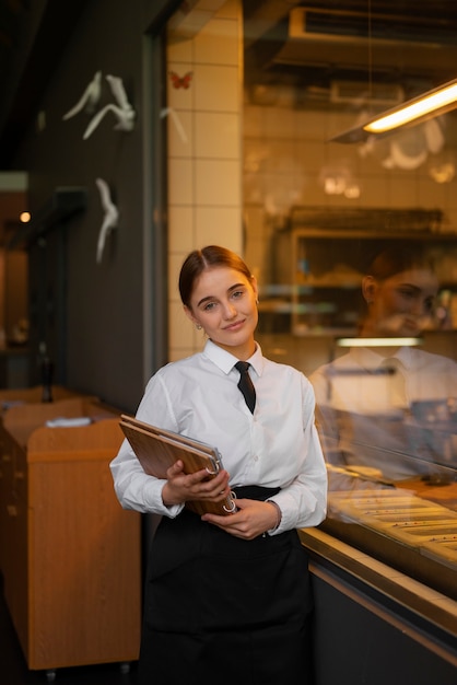 Średnio zastrzelona kobieta pracująca w luksusowej restauracji