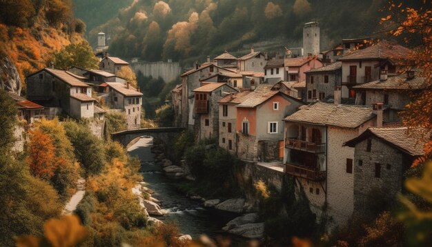 Średniowieczna architektura na szczycie góry Asturias otoczona jesienią krajobrazem generowanym przez sztuczną inteligencję
