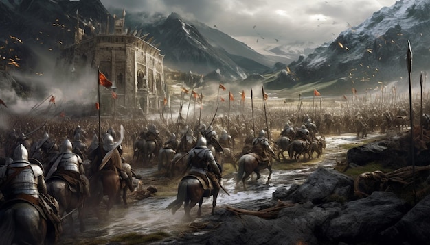 Średniowieczna bitwa Rycerze w zbroi na polu bitwy w nocy wojny generatywnej Ai