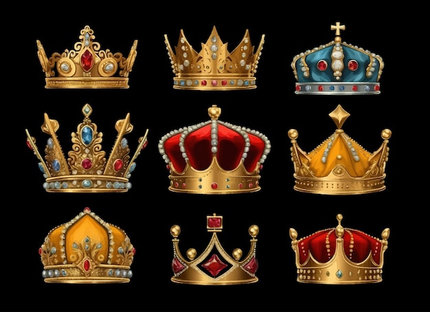 Średniowieczne korony królewskie dla króla królowej księcia lub księżniczkiNa białym tle na tle Ilustracja wektora kreskówek