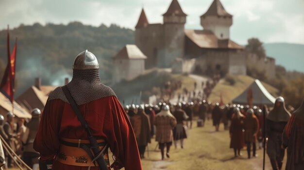 Zdjęcie Średniowieczni rycerze uczestniczący w odtwarzaniu historii w starożytnym zamku w autentycznych średniowiecznych kostiumach tłum obserwuje z podziwem, jak rycerze demonstrują swoje umiejętności walki mieczem