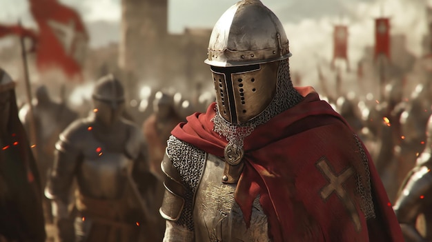 Średniowieczni rycerze walczą przed zamkiem, oblężenie, wojna o królestwo, wojny w zbrojach z mieczami, włóczniami i tarczami.