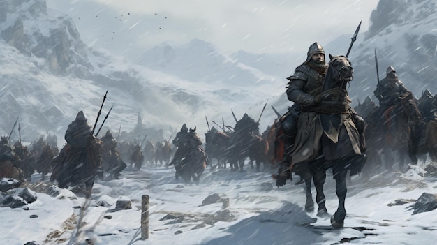 Średniowieczni żołnierze bojowi w śnieżnej dolinie