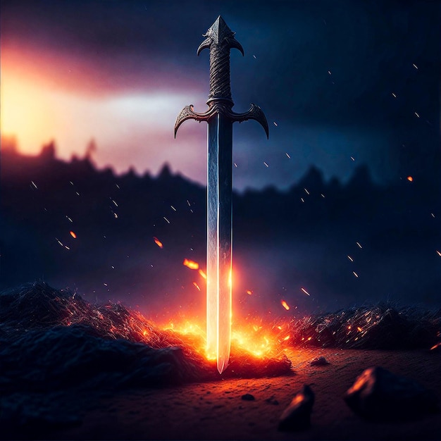 średniowieczny miecz na polu bitwy