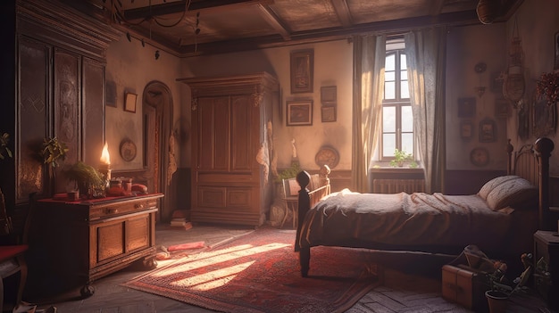 Średniowieczny wnętrze sypialni pełne światła kinematograficznego wykonane z generatywnej sztucznej inteligencji