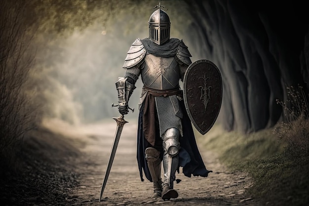 Zdjęcie Średniowieczny wojownik w zbroi chodzący z mieczem i tarczą