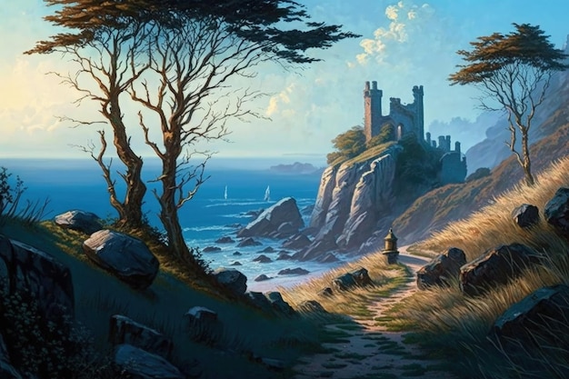 Średniowieczny zamek ilustracja na wzgórzu fantasy koncepcja stylu anime Generative AI
