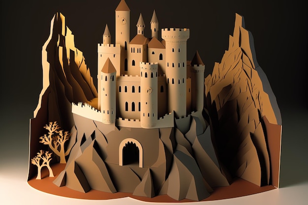Średniowieczny zamek ilustracja wykonane z papieru wycinanka tle Generative AI