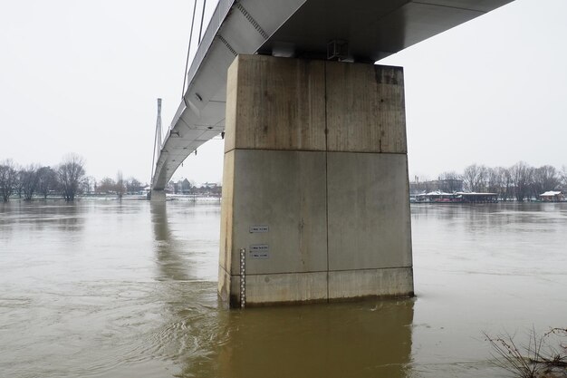 Sremska Mitrovica Serbia 01272023 Most na rzece Sawie Powódź po ulewnych deszczach i topnieniu śniegu Szybki przepływ błotnistej wody Skala hydrologiczna do pomiaru poziomu wody