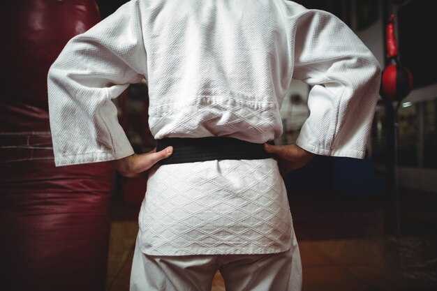 Zdjęcie Środkowa część karate gracza z rękami na biodrach