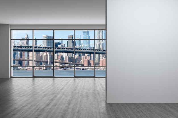 Śródmieście Nowy Jork Dolny Manhattan Skyline Budynki Wysokie piętro Okno Biała makieta ściana Pusty pokój Wnętrze Wieżowce Widok Pejzaż Dzielnica finansowa Most Brookliński Renderowanie 3d