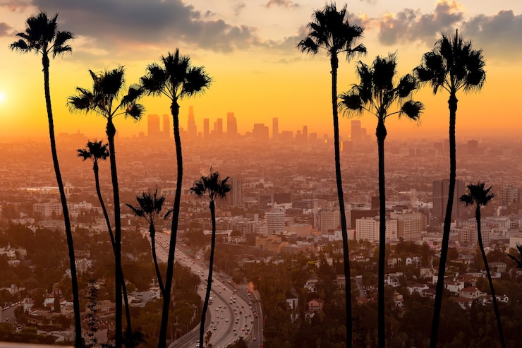 Zdjęcie śródmieście panoramę miasta los angeles, pejzaż miejski la, stany zjednoczone