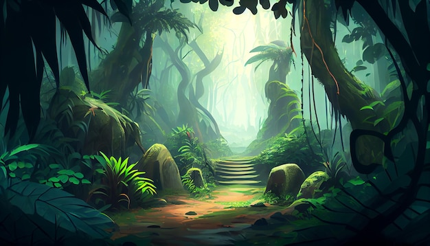 Środowisko tła 2D głębokiego lasu dżungli dla gry mobilnej Wysokiej jakości poziomy krajobraz tła Lokalizacja projektu szablonu do gier Generatywna ai
