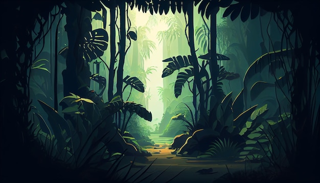 Środowisko tła 2D głębokiego lasu dżungli dla gry mobilnej Wysokiej jakości poziomy krajobraz tła Lokalizacja projektu szablonu do gier Generatywna ai