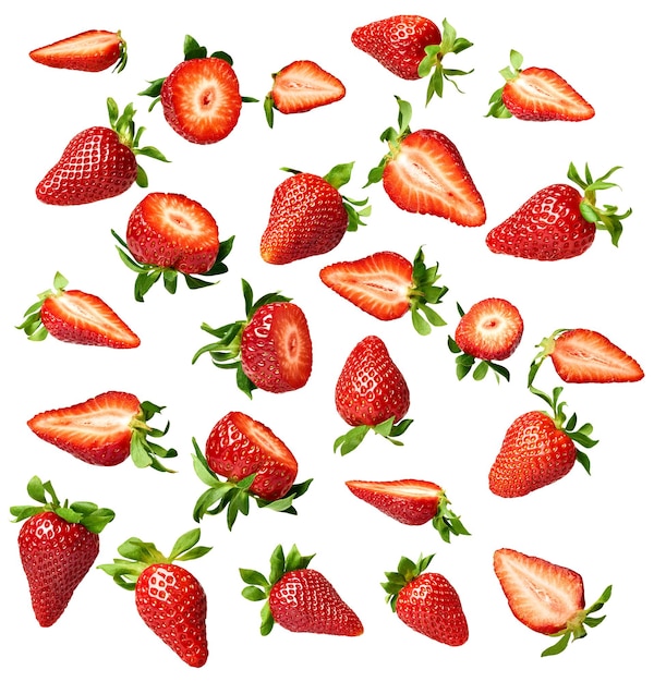 Srtawberry czerwone owoce świeże jagody jedzenie dojrzałe organiczne soczyste słodkie świeżość spadające w powietrzu mucha