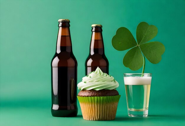 St Patrick's Day cupcake i piwo na zielonym tle