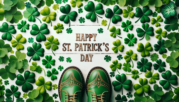 St Patrick's Flat Lay Shamrocks i Leprechaun Boots z pustą przestrzenią centralną