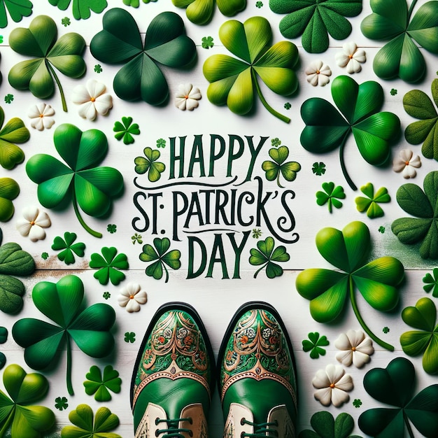 St Patrick's Flat Lay Shamrocks i Leprechaun Boots z pustą przestrzenią centralną