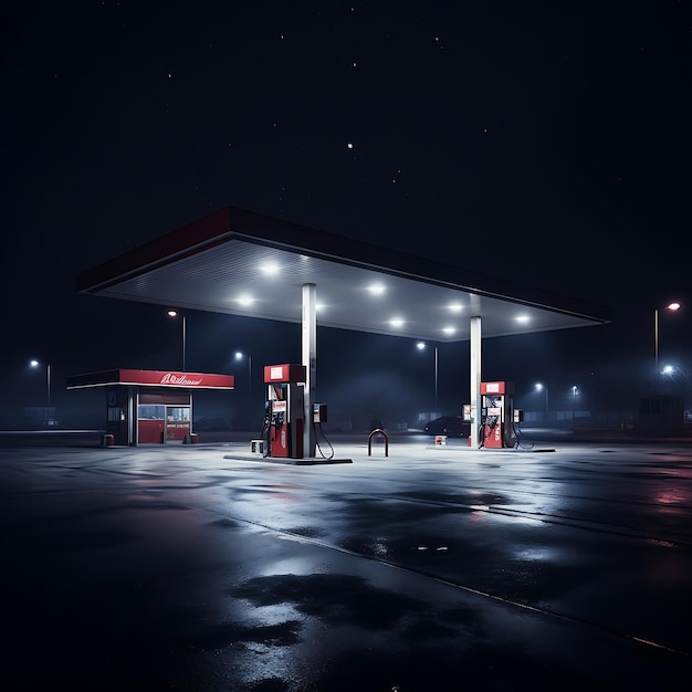 Stacja benzynowa w nocy z odbiciem w kałuży
