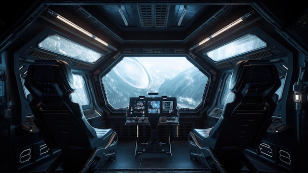 Stacja kosmiczna science-fiction z dużym oknem generującym sztuczną inteligencję