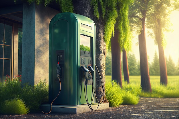 Stacja ładowania EV dla samochodów elektrycznych w koncepcji zielonej energii Stworzona przy użyciu technologii Generative AI