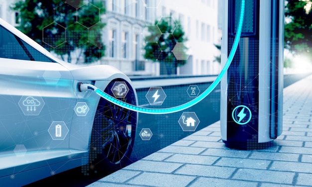 Stacja szybkiego ładowania pojazdów elektrycznych na ulicach miasta z ładowaniem akumulatora niebieskiej energii Energia paliwowa i koncepcja przemysłu transportowego Renderowanie ilustracji 3D