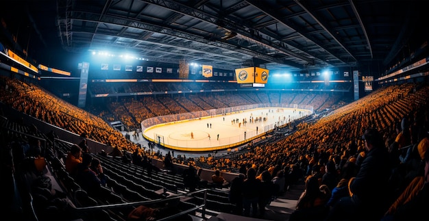 Zdjęcie stadion hokejowy pusta arena sportowa z lodowiskiem zimne tło obraz wygenerowany przez sztuczną inteligencję