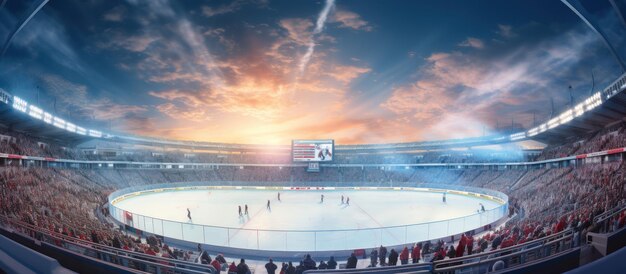 Stadion hokejowy z tłumem fanów i pustym lodowcem