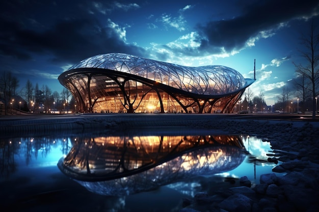 Stadion piłkarski nocą Wyimaginowany stadion jest modelowany i renderowany Generowany za pomocą sztucznej inteligencji