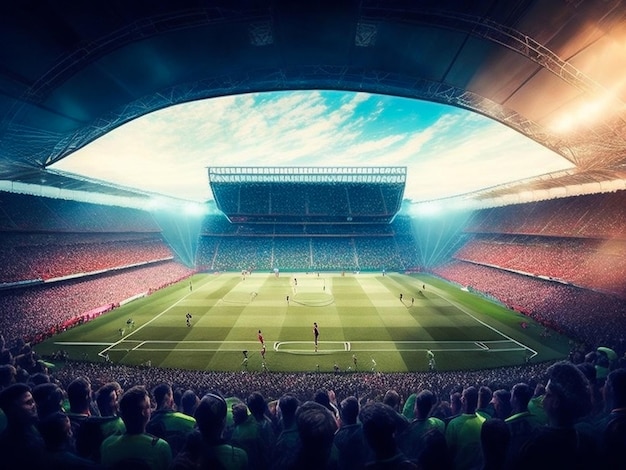 stadion piłkarski rozmycie tła wieczorem arena z tłumem fanów ilustracja 3D