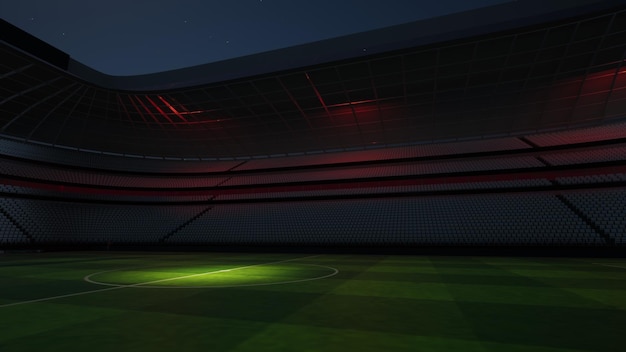 Stadion piłkarski w nocy. Wyimaginowany stadion jest modelowany i renderowany, ilustracja 3d