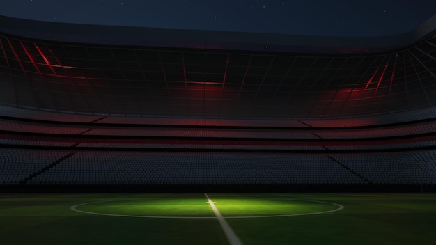 Stadion piłkarski w nocy. Wyimaginowany stadion jest modelowany i renderowany, ilustracja 3d