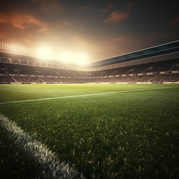 Zdjęcie stadion piłkarski w nocy z trawnikiem i światłami stadionu