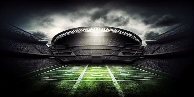 Stadion piłkarski z ciemnym niebem i boiskiem z napisem nfl.