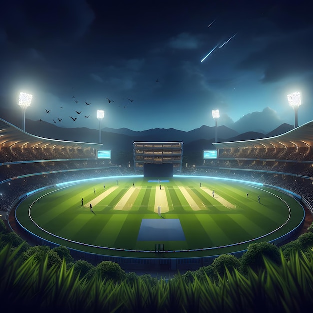 Stadion piłkarski z światłami i kibicami w nocy 3D Rendering generatywny przez AI