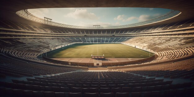 Stadion piłkarski z zieloną trawą i oświetleniem tylnym Piłka nożna Panoramiczny widok na boisko piłkarskie stadion i miejsca na stadionie