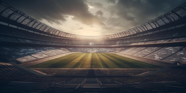 Zdjęcie stadion piłkarski z zieloną trawą i oświetleniem tylnym piłka nożna panoramiczny widok na boisko piłkarskie stadion i miejsca na stadionie