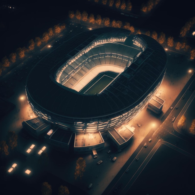 Stadion piłkarski ze światłami drzew i samochodów na ulicy stworzony przy użyciu technologii generatywnej AI