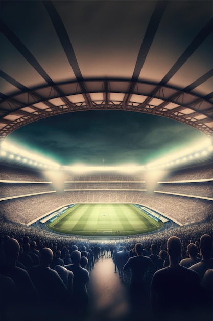 Stadion piłkarski ze światłami i kibicami stworzony przy użyciu technologii generatywnej AI